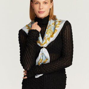 NWT ROBERT GRAHAM 100% SILK GOLD/BLUE CHAMPAGNE ORNAMENTAL SQUARE SCARF/WRAP